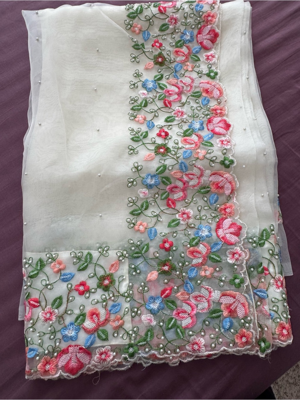 White Floral Embroidered Indian Saree